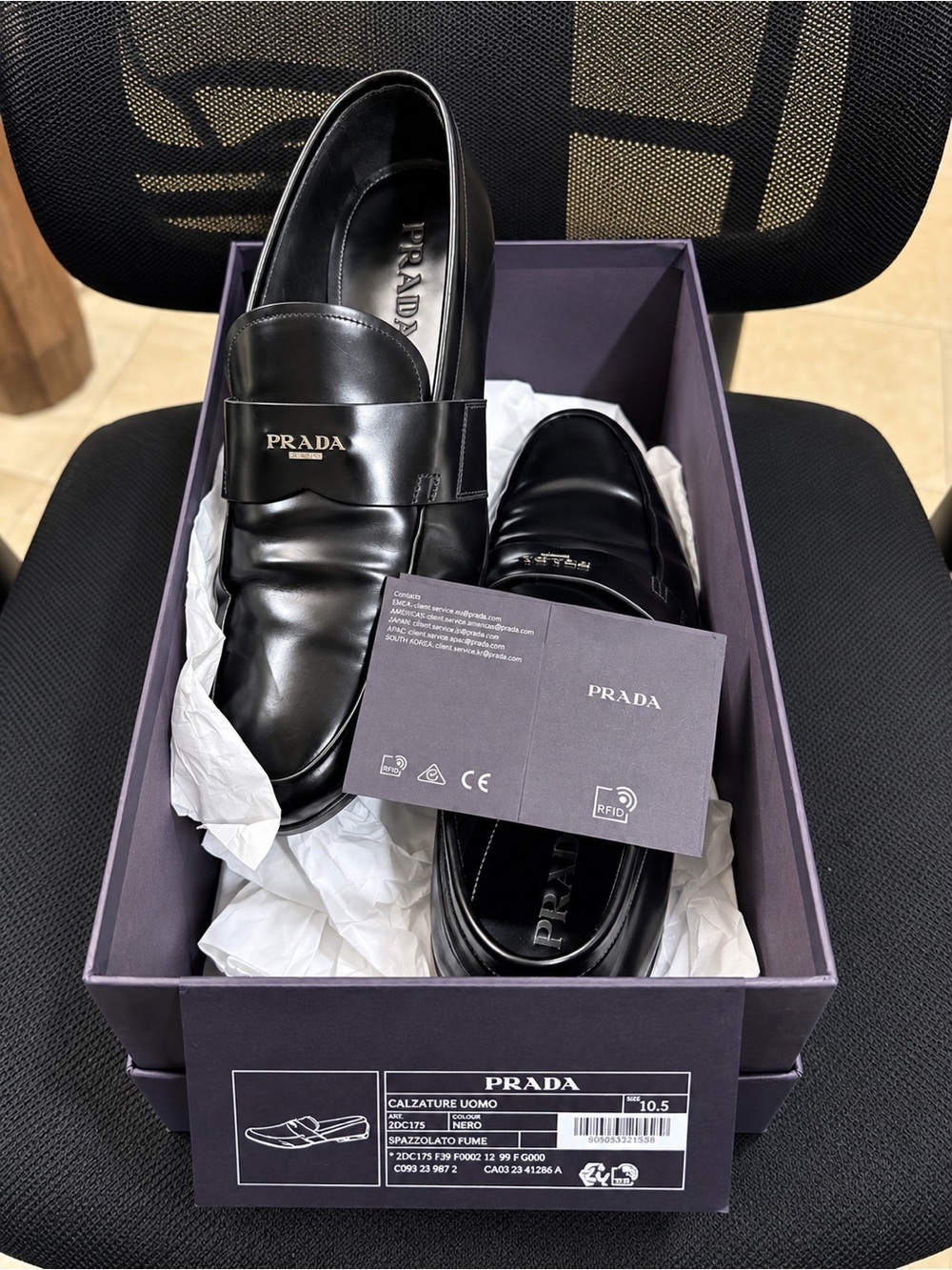 PRADA Men’s Black Leather Penny Loafers 10.5 $625